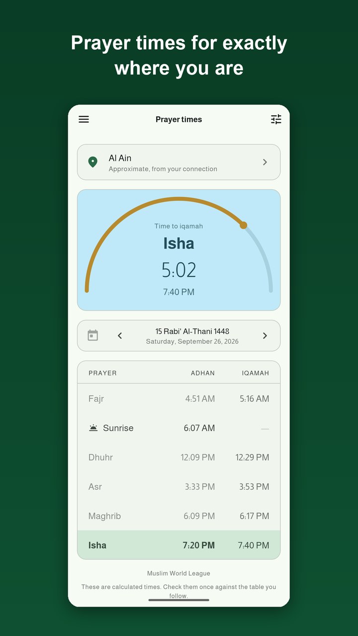 Prayer times for exactly where you are